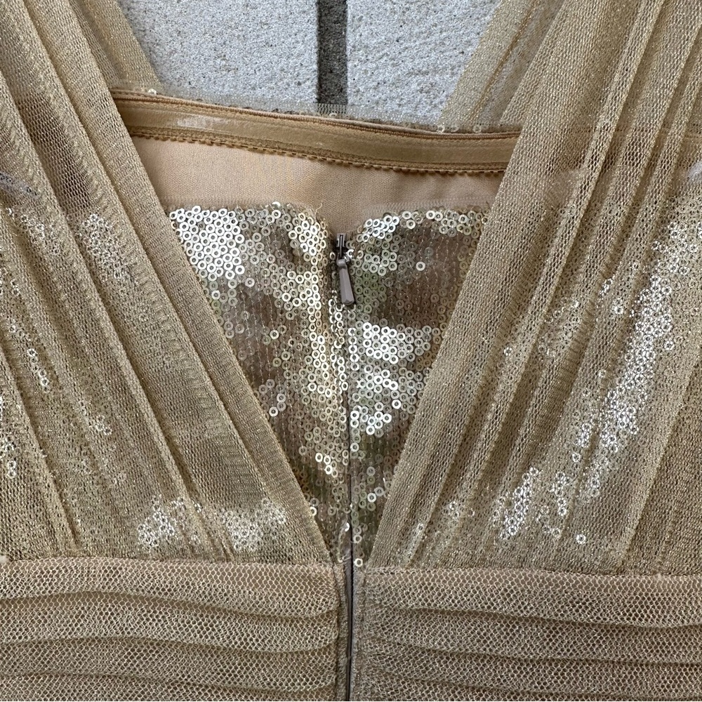Tadashi Shoji Gold Tiered Gown Petite 6P Sequin V-Neck Tulle Formal Dress Hoco - Picture 6 of 12
